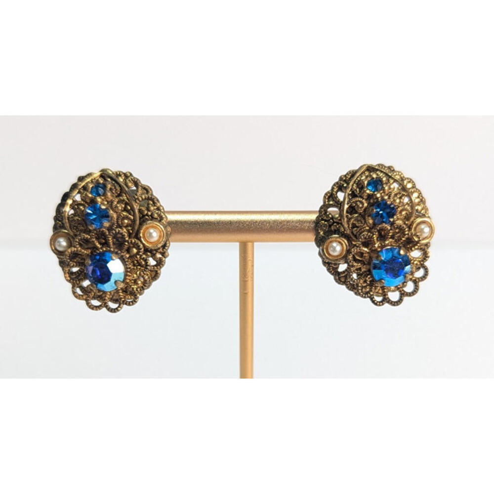 Vintage W Germany Earrings Gold Tone Filigree Blue Crystals Faux Pearl Clip On